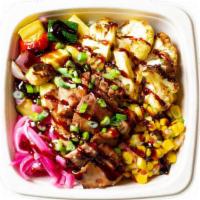 Tokyo Box · Teriyaki chicken, curryflower, sweet corn mix, pickled red onion, roasted mixed vegetables, ...