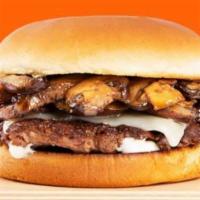 Cheesy Shroom Smash Mouth Burger · Our signature smashed hamburger patty topped with mushrooms, Swiss cheese, and mayo.
