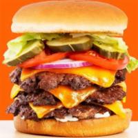 Triple Cheese Smash Mouth Burger · Triple it up! 3 of our signature smashed hamburger patties with American cheese, lettuce, to...