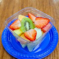 Mixed Fruit Salad · Cantaloupe, Honeydew, Grapes, Strawberries, Slice of Kiwi, and Slice of Orange.