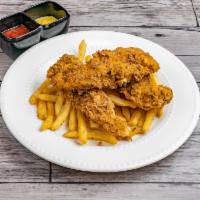 Chicken Tenders · Southern Fried Chicken Tenders on a bed of French Fries.