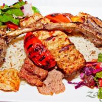 Mixed Grill Kebab Platter · Chicken kebab, kofta kebab, lamb kebab and lamb chops.