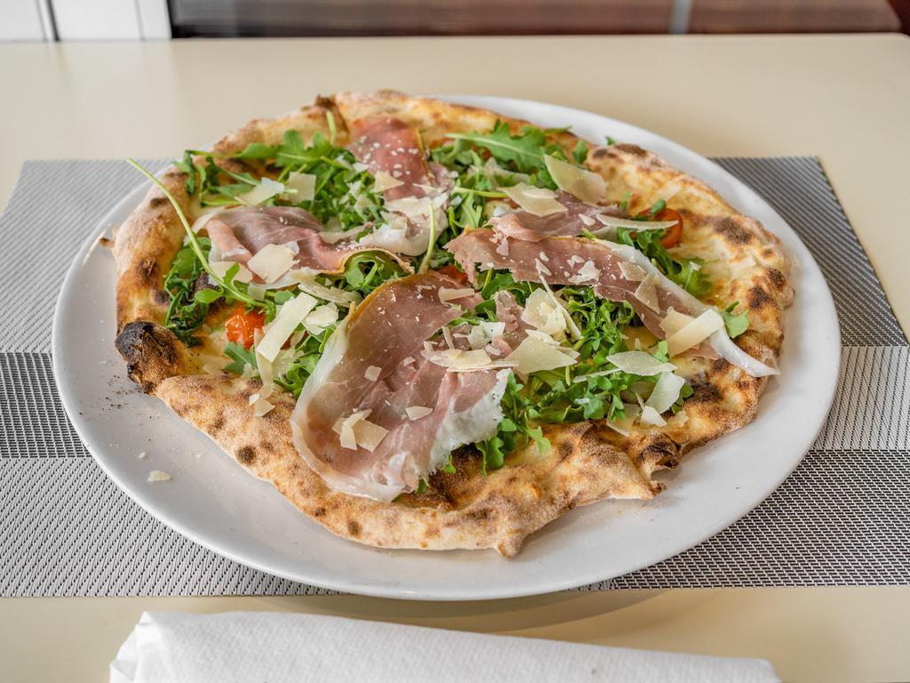 Mattozzi  · White pizza. Mozzarella topped with arugula, cherry tomatoes, shaved Parmesan cheese and Parma prosciutto. 