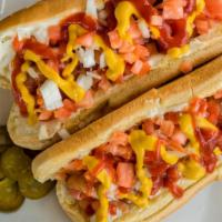 Hot Dog · Dogo. Turkey frank, bacon, onion, tomato, ketchup, mustard, mayonnaise, pickles and jalapenos.