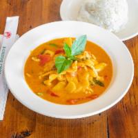 1. Red Curry · Homemade red curry paste with coconut milk, bamboo shoots, bell peppers and basil leaves.