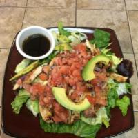 Chicken Bruschetta Salad · Mixed greens, bruschetta, avocado and grilled chicken.