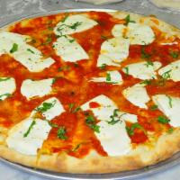 Grandma Round Pizza · Fresh mozzarella cheese, garlic,Marinara Sauce, and basil. 