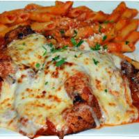 Chicken Cutlet Parmigiana · Served with choice of pasta or salad. 
