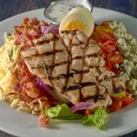 Cobb Salad · Crisp romaine lettuce, grilled chicken, applewood smoked bacon, tomato, red onion, cheddar c...