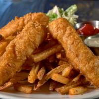 Fish and Chips · Atlantic cod fried golden brown and served with hand-cut fried, creamy slaw and malt aioli.