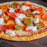 Doppio Pepperoni Pizza · Jalepeno peppers, double pepperoni, ricotta cheese, Russo’s pizza sauce and Wisconsin mozzar...