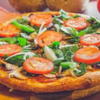 Vegetarian Pizza · Fresh spinach, bell peppers, black olives, white onions, Roma tomatoes,
mushrooms, garlic an...
