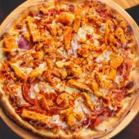 Buffalo Chicken Pizza · Spicy chicken, red onions and Wisconsin mozzarella, with spicy hot sauce and Russo’s pizza s...