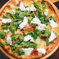 Pizza Bianca · Buffalo mozzarella, prosciutto di Parma, fresh arugula, mozzarella cheese and Sicilian extra...