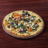 Mediterranean Pizza · Spinach, Roma tomatoes, feta and mozzarella cheeses, black olives and Sicilian extra virgin ...