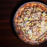 BBQ Chicken Pizza · Bbq grilled chicken, red onions, mozzarella cheese, pineapple, and zesty bbq sauce.