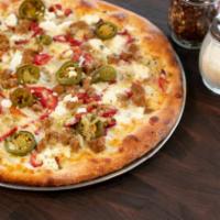 Spicy Fennel Sausage Pizza · House-made fennel sausage, jalapeño, roasted red peppers, garlic sauce, caramelized onions, ...