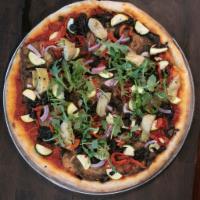 Tuscan Vegan Veggie Pizza · No Cheese. Marinara sauce, zucchini & squash, Portabella mushrooms, black olives, eggplant, ...