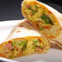 Breakfast Burrito · Eggs bacon ,  sausages or ham  and   cheese.