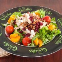 Grilled Chicken Pecan Salad · Romaine lettuce, grilled chicken breast, pecans, Feta cheese, Craisins, mandarin oranges, to...
