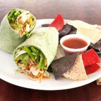 Bangkok Thai Wrap · Spinach tortilla, grilled chicken breast, provolone, romaine, sprouts, carrots, crunchy nood...