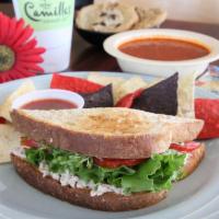 1/2 Classic Sandwich and 10oz Soup · Choice of 1/2 classic sandwich, creamy Tuscan Tomato Soup with chips and salsa.