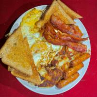Early Riser Combo · 2 eggs, 2 sausage links, 2 strips of bacon, home fries, toast, jelly