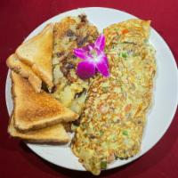 Western Omelette · Onion, green pepper, ham. Served w/ home fries, toast & jelly.