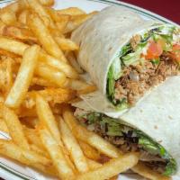 California Cheese Steak Wrap · Lettuce, tomato, mayo, cheese, served with fries & pickle