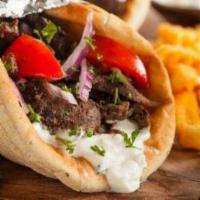 Beef Gyro · Lettuce, tomato, onion, tzatziki sauce, in pita bread, served with fries.