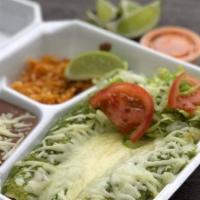 Enchiladas · 3 enchiladas topped with cheese, and either our green (mild) or red (hot) salsa, or queso dip.
