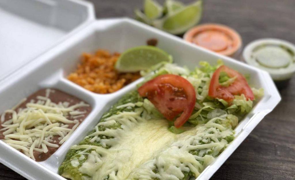 Enchiladas · 3 enchiladas topped with cheese, and either our green (mild) or red (hot) salsa, or queso dip.
