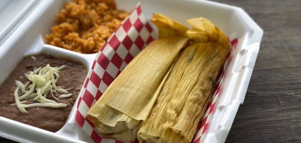 2 Tamales Platter Combo · 2 tamales, pork, or chicken served with rice and beans.