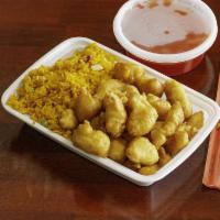 C7. Sweet and Sour Chicken Combo Platter · Cooked with or incorporating both sugar and a sour substance.