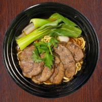 Beef Noodle Soup  · Braised beef shank noodle soup with bok choy and cabbage. 
Noodles: Wheat flour 
Broth: Soyb...