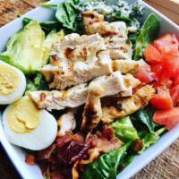 Cobb Salad  · Baby spinach with blue cheese, tomatoes, bacon, avocado, hard boiled egg & grilled chicken b...