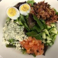 CHICKEN  COBB SALAD · mixed greens,zucchini,grilled chicken, apples,spinach, bacon,
tomatoes, eggs, blue cheese c...
