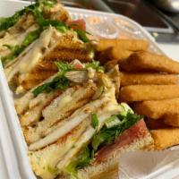 CHICKEN CLUB SANDWICH  · Grilled chicken , lettuce, tomatoes, mayo , ketchup .choose from mozzarella, swiss,cheddar, ...