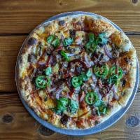 Brisket Pie Pizza · Fresh mozzarella, brisket, cheddar, BBQ sauce, cilantro, jalapeno, red onions.