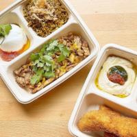 Israeli Bento Box · You choose your own Bentobox! Choose protein, sides, mezze and your sauce. create your perfe...