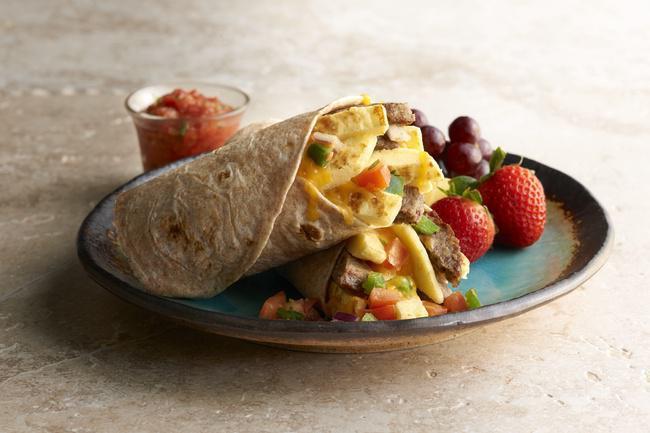 Southwest Breakfast Wrap · Organic wheat wrap filled with fresh-cracked eggs, melted cheddar, our fresh-made pico de gallop and your choice of breakfast meats. Served with salsa.