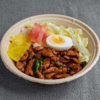 Crazy Chicken on Rice · Sautéed Chicken w/ Lettuces & Half Egg, Korean Style