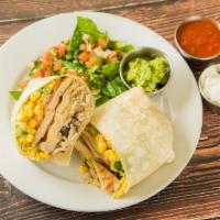 Burrito Wrap · Spanish rice, roasted corn, tomatoes, shredded cheddar cheese, guacamole, sour cream and sal...