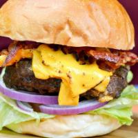 All American Burger · American cheese, bacon, Iceberg lettuce, tomato, red onions and pickles.