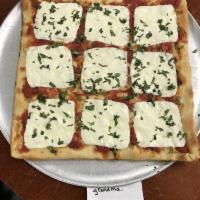 Grandma's Pizza · Thin crust pan pizza layered with mozzarella cheese and grated pecorino Romano cheese, then ...