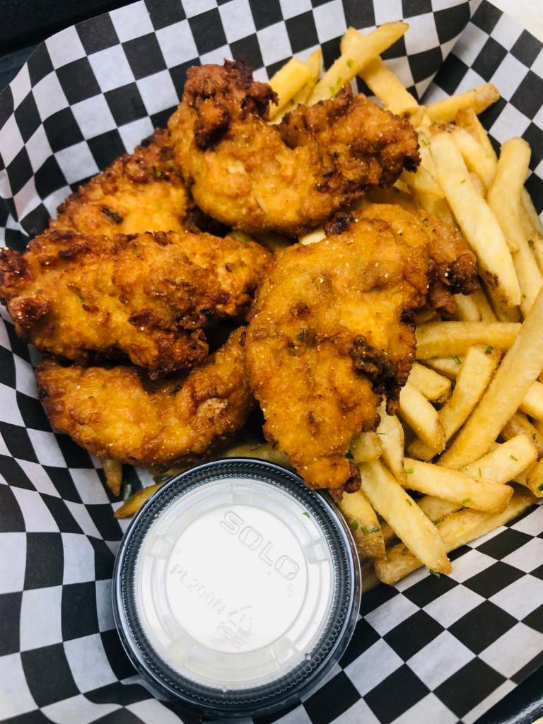 Buttermilk Chicken Tenders · Buttermilk marinated chicken tenders served with chive fries and ranch. 