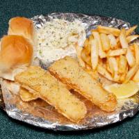 2 pc Fried Whiting Fish Fillet Dinner · Includes fries, tarter sauce, coleslaw and Hawaiian roll.