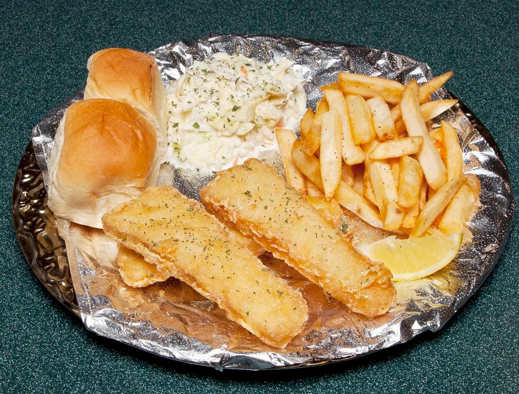 2 pc Fried Whiting Fish Fillet Dinner · Includes fries, tarter sauce, coleslaw and Hawaiian roll.