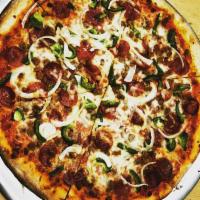 Sabrina Pizza · pepperoni, sausage, black slice olives, fresh green paper.