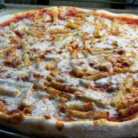 baked ziti Pizza · Ziti pasta, ricotta cheese mixed with marinara sauce and parmesan cheese , tomato sauce, moz...